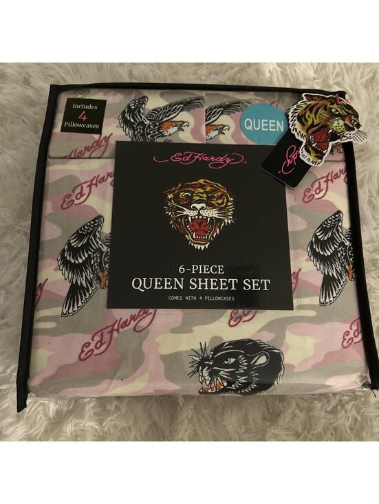 Ed Hardy Other - Ed Hardy Pink Gray Camo Sheet Set QUEEN Panthers Eagles Y2K w/4 Pillowcases NEW!